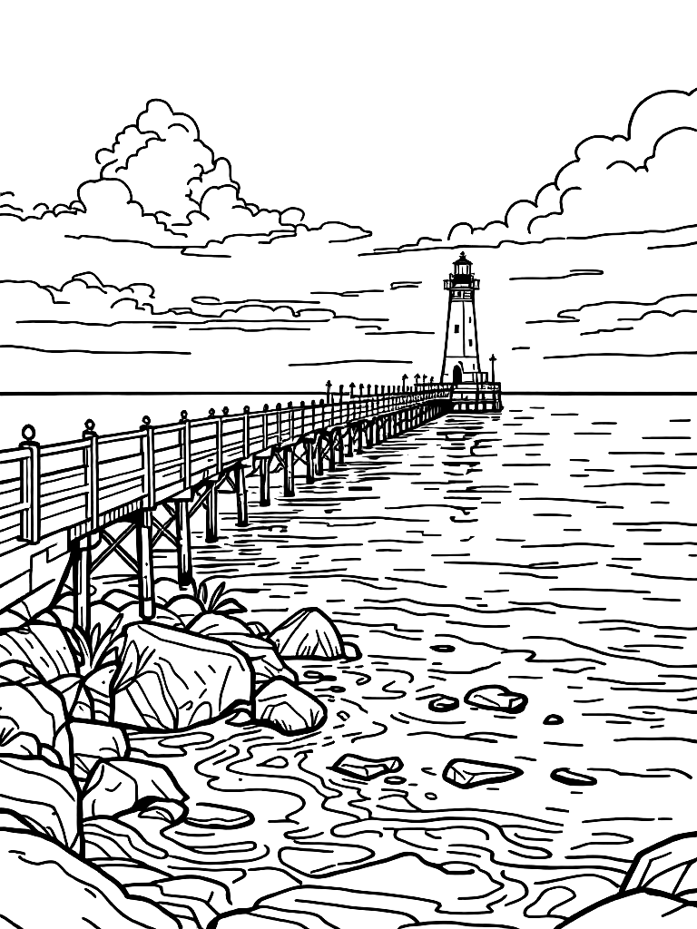 Charlotte Pier on Lake Ontario in Rochester NY, long pier extending into water with lighthouse at end, gentle wave patterns, rocks along shoreline, open sky, strong leading lines toward lighthouse, peaceful composition coloring page Contour style - free printable