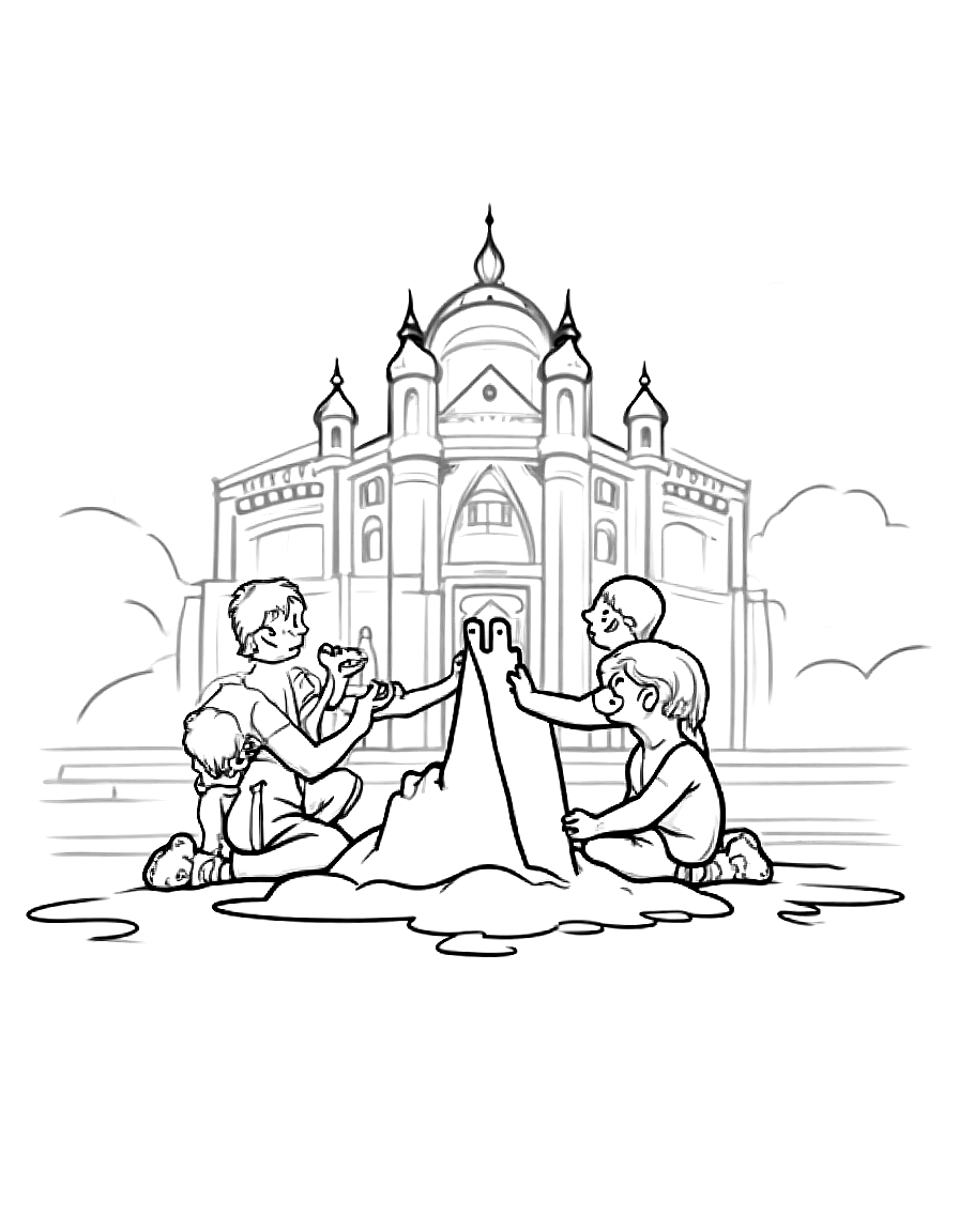 Children on the beach building sand castles., from the front, facing the viewer, in front of an ornate architectural backdrop coloring page Contour style - free printable