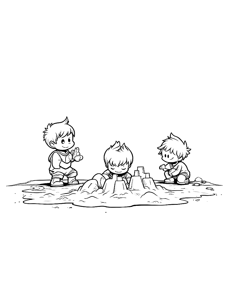 Children on the beach building sand castles., in an action pose with dynamic movement, on a cobblestone path in a charming village coloring page Contour style - free printable