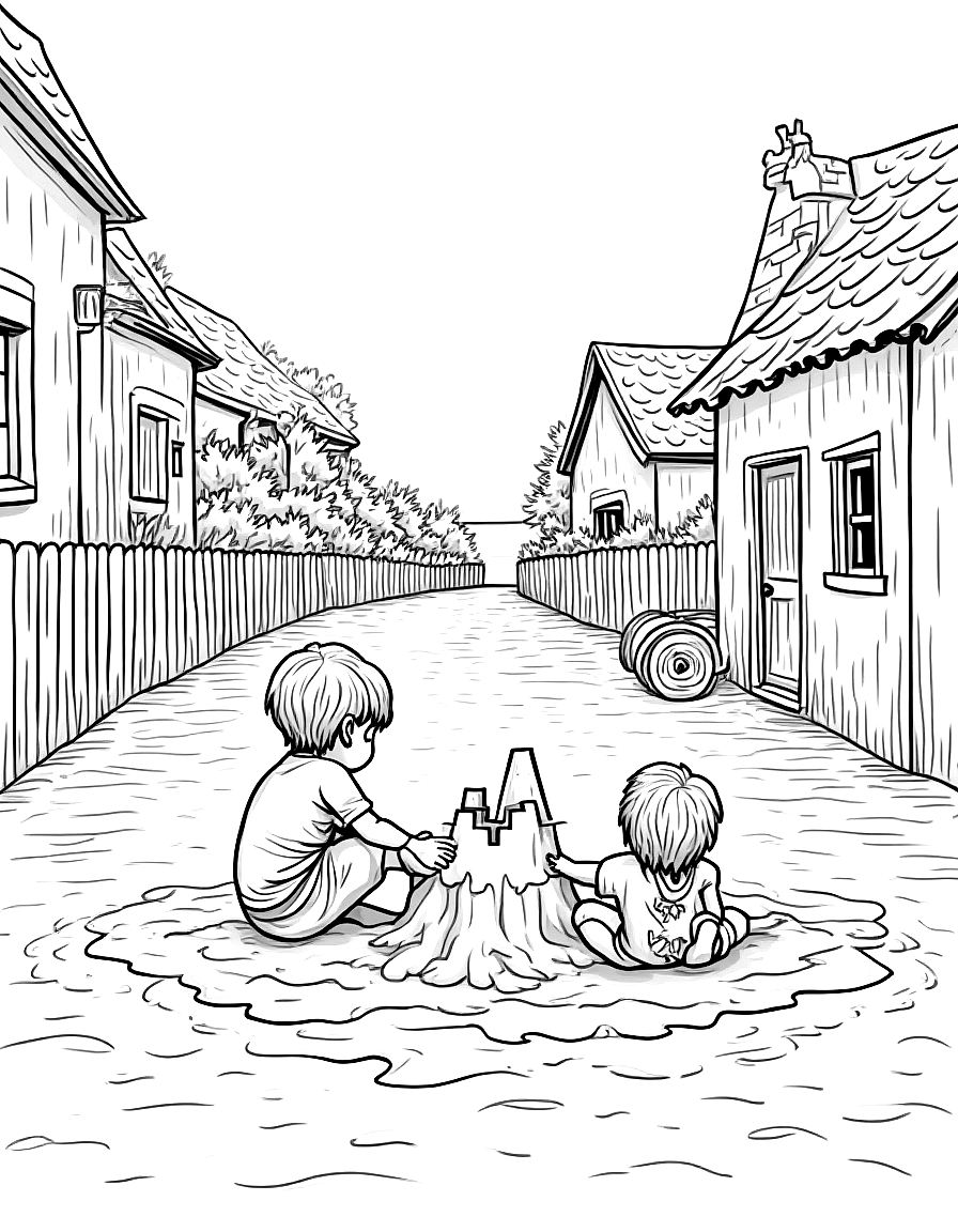 Free children playing on the beach building sand castles., from behind, looking away into the distance, on a cobblestone path in a charming village coloring page in contour style — printable line art