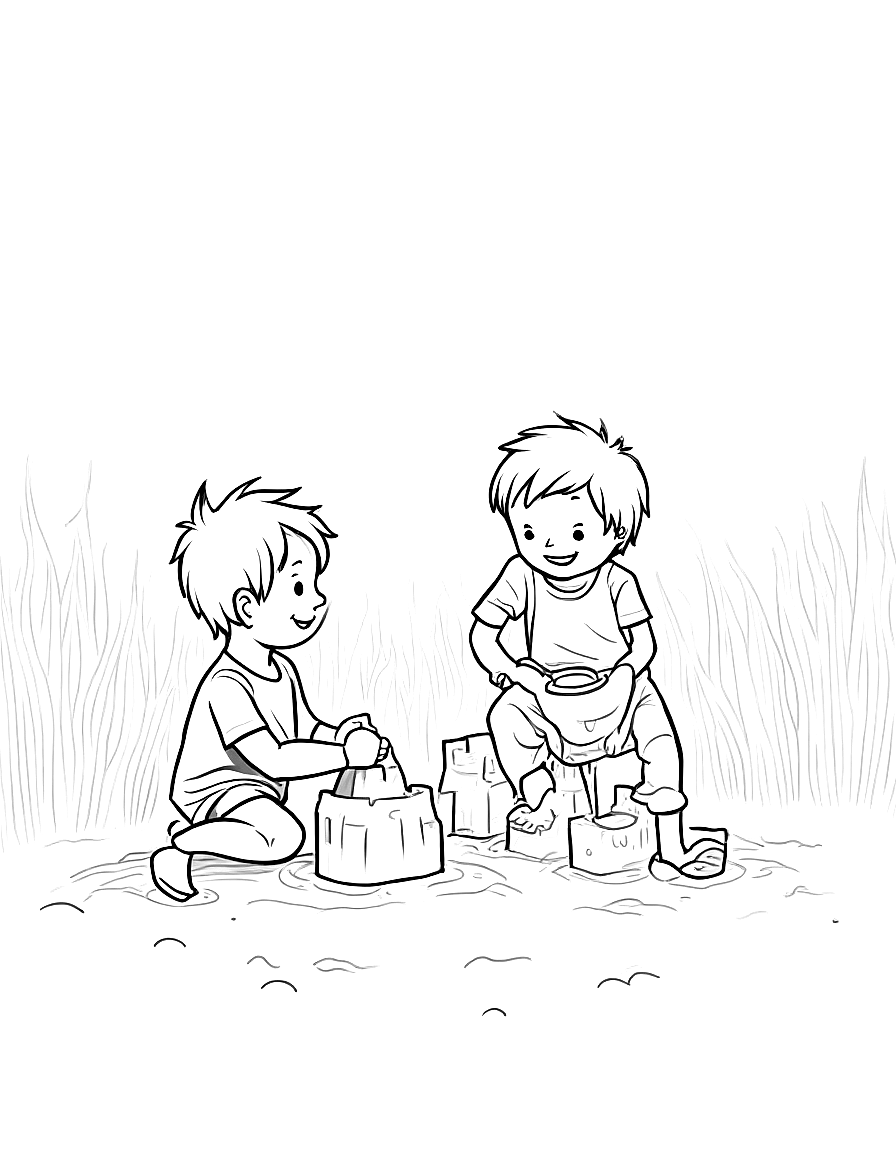 Free children playing on the beach building sand castles., from the front, facing the viewer, in a field of tall grass at golden hour coloring page in contour style — printable line art
