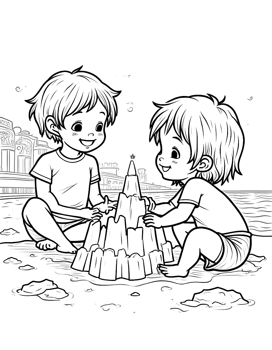 Free children playing on the beach building sand castles., in a peaceful resting pose, in front of an ornate architectural backdrop coloring page in contour style — printable line art