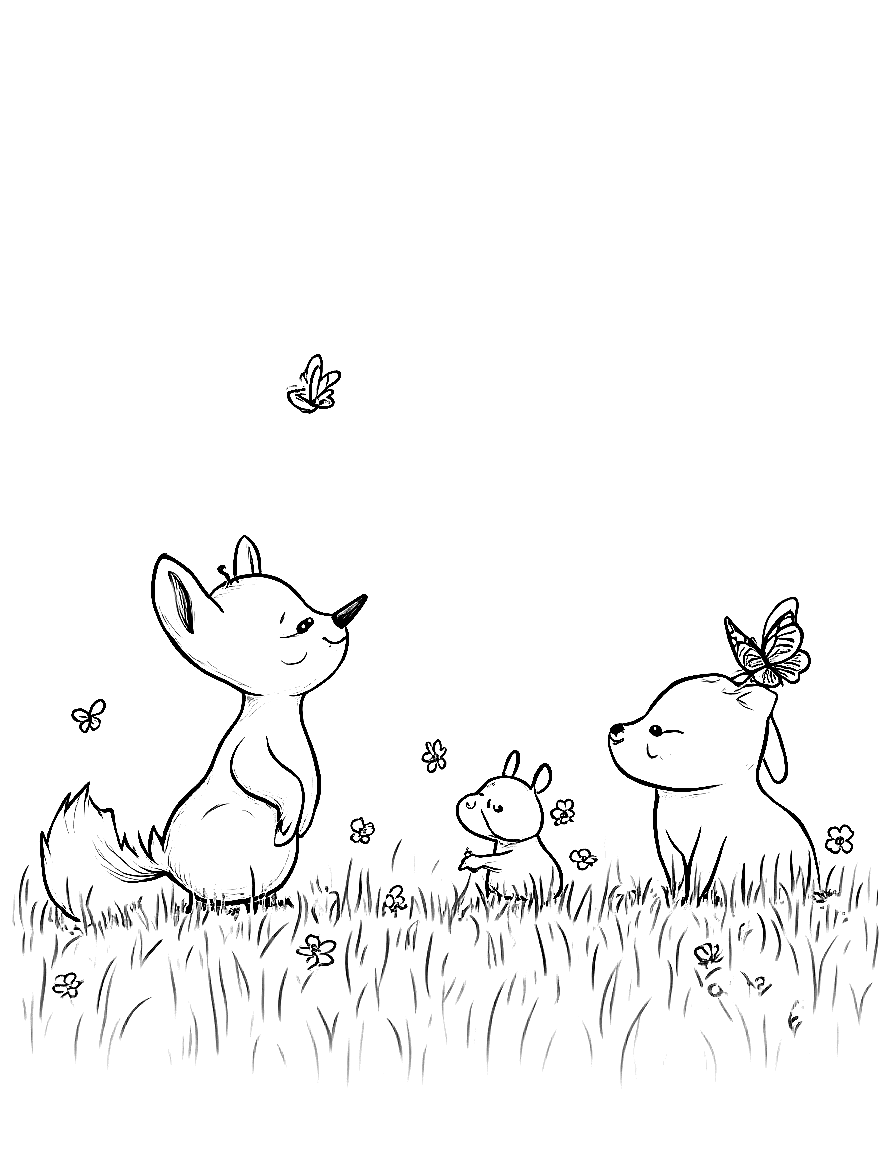 Children's book illustration: A beautiful forest meadow with all four friends standing in tall grass and wildflowers. A butterfly sits delicately on Oliver's pointed nose, making him cross his eyes to look at it with delight. Other butterflies flutter around the meadow. The friends are all laughing and enjoying the moment.. Same characters throughout: Gentle woodland story in Fairport Forest. Three friends: Finn the Fox (small red fox, white-tipped tail, brown satchel), Clover the Rabbit (whi... coloring page Contour style - free printable