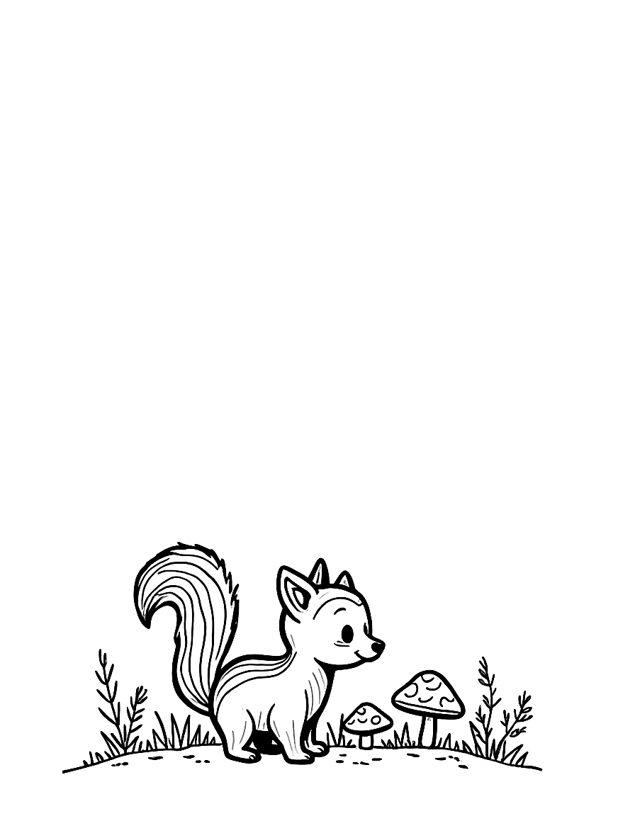 Children's book illustration: A black skunk with a white stripe down her back and a bow on her left ear standing among forest plants and mushrooms. Suitable for a coloring book page. coloring page Contour style - free printable