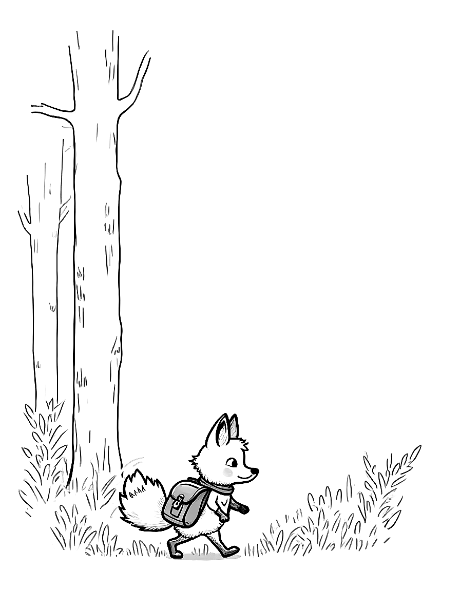 Children's book illustration: A fox with a white-tipped tail wearing a brown satchel walking through a forest with moss-covered tree trunks and ferns on the ground. Suitable for a coloring book page. coloring page Contour style - free printable