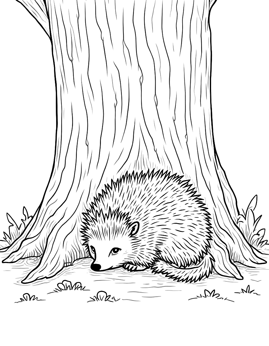 Free children's book illustration: a small hedgehog sits curled up against the base of a massive oak tree with textured bark. his spiky body is hunched over and small teardrops are visible on his face. the three friends peer around the tree trunk, watching him with concerned expressions. moss and small flowers grow around the tree's roots.. same characters throughout: gentle woodland story in fairport forest. three friends: finn the fox (small red fox, white-tipped tail, brown satchel), clover the... coloring page in contour style — printable line art