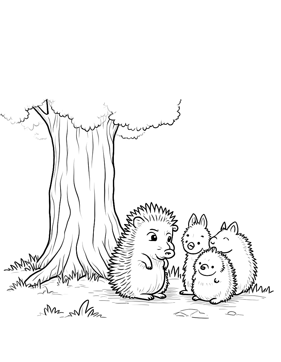 Free children's book illustration: a small hedgehog sitting sadly with his head down near the base of an oak tree, with the three friends observing from nearby. suitable for a coloring book page. coloring page in contour style — printable line art