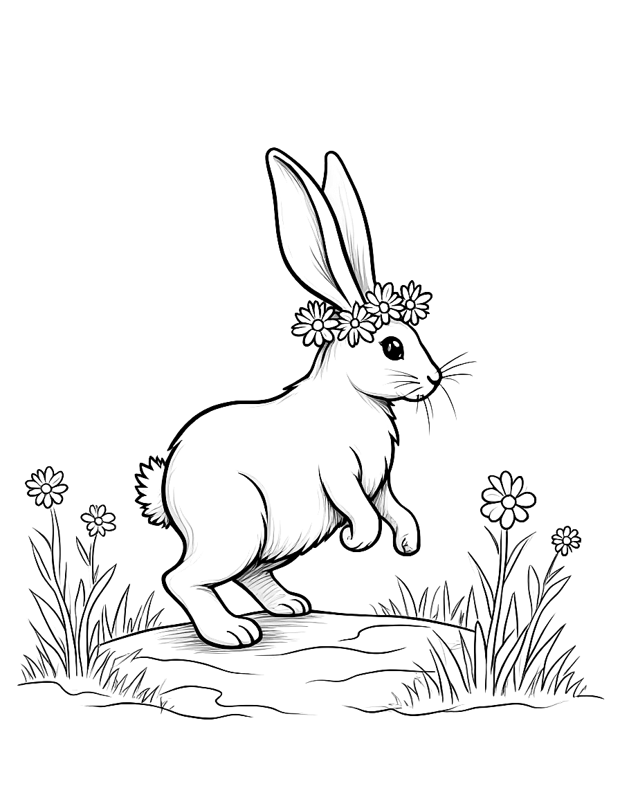 Children's book illustration: A white rabbit with long floppy ears wearing a daisy-chain crown hopping on a moss-covered forest path with wildflowers nearby. Suitable for a coloring book page. coloring page Contour style - free printable