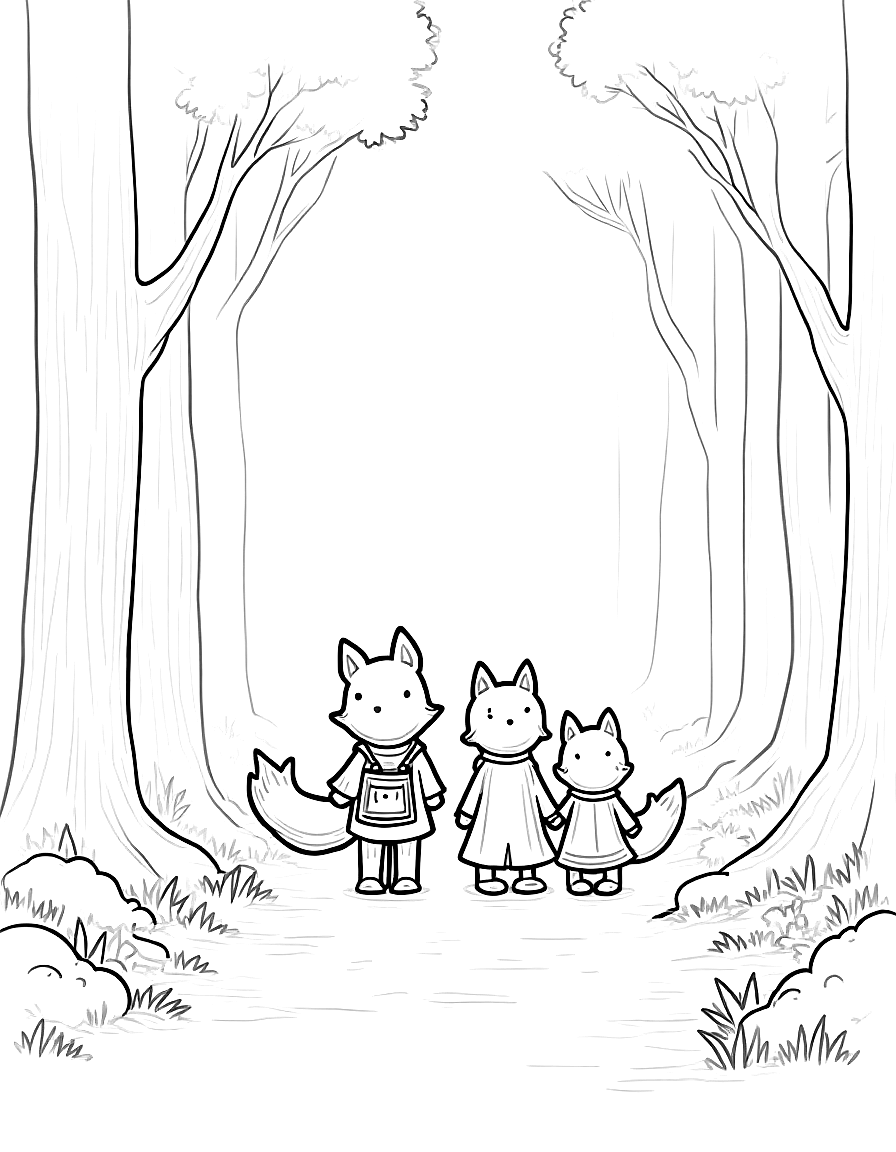 Free children's book illustration: a wide view of fairport forest with all four friends walking together down a moss-covered path. they look like they belong together perfectly. the forest is full of detail - tall trees, soft moss, scattered flowers, and dappled sunlight creating a magical, welcoming atmosphere throughout their woodland home.. same characters throughout: gentle woodland story in fairport forest. three friends: finn the fox (small red fox, white-tipped tail, brown satchel), clover ... coloring page in contour style — printable line art