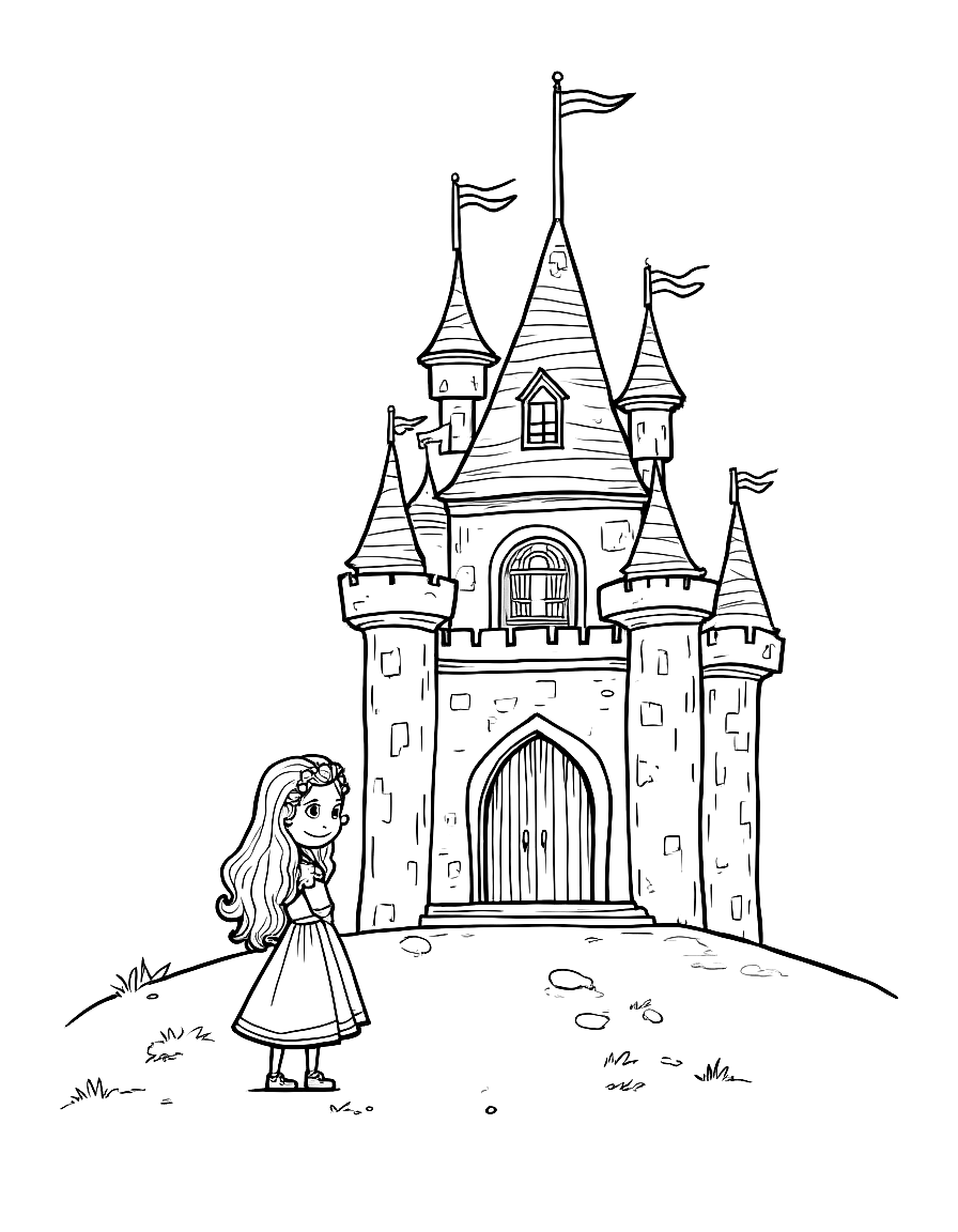 Free children's book illustration: a young princess with long wavy hair and a simple dress standing in front of a large castle with multiple towers, windows, and a grand entrance door. the castle has stone walls with decorative details and flags on the towers.. suitable for a coloring book page. coloring page in contour style — printable line art