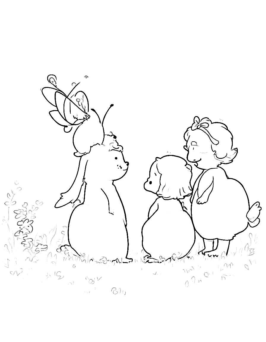 Children's book illustration: All four friends - Princess Luna, Pip the rabbit, Rosie the butterfly, and Benny the bee - gathered in a circle in the garden. They are all facing each other in a friendly group discussion among the flowers.. Suitable for a coloring book page. coloring page Contour style - free printable