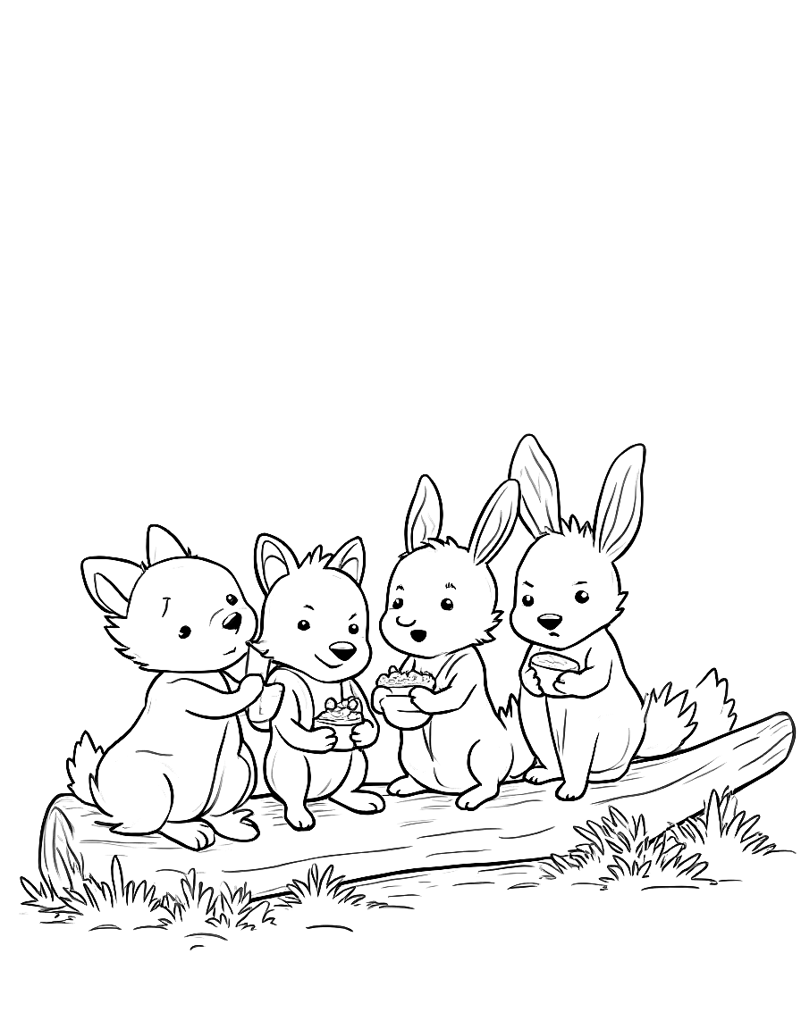 Free children's book illustration: all four friends sit together on a fallen log in the forest, sharing food from finn's satchel. they're all laughing and look completely comfortable with each other. the forest around them is lush with moss, ferns, and flowers, showing the beauty of their woodland home.. same characters throughout: gentle woodland story in fairport forest. three friends: finn the fox (small red fox, white-tipped tail, brown satchel), clover the rabbit (white rabb. suitable for a c... coloring page in contour style — printable line art