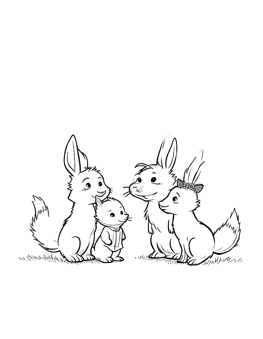 Children's book illustration: All four friends standing together in a circle, with Clover speaking encouragingly to Luna. Their faces show determination and friendship. The oak tree and forest surroundings frame the scene.. Same characters throughout: Gentle woodland story in Fairport Forest. Three friends: Finn the Fox (small red fox, white-tipped tail, brown satchel), Clover the Rabbit (white rabbit, floppy ears, daisy-chain crown), Pepper the Skunk (black skunk, white stripe, lavender bow on left ear). Clover notices a stranger is sad and finds small ways to help. Theme: kindness. Soft mossy forest setting.. Suitable for a coloring book page. coloring page Contour style - free printable