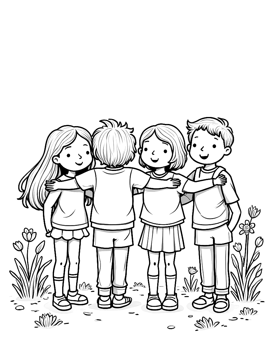 Free children's book illustration: all four friends standing together in the center of the now-thriving secret garden, with their arms around each other or holding hands. the garden is full of blooming flowers, healthy plants, and shows the beautiful result of their teamwork.. suitable for a coloring book page. coloring page in contour style — printable line art