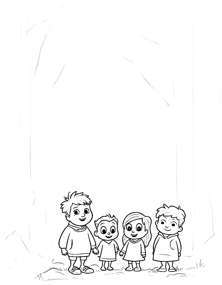 Free children's book illustration: all four friends standing together in the forest clearing, with hazel now looking excited and ready for adventure. suitable for a coloring book page. coloring page in contour style — printable line art