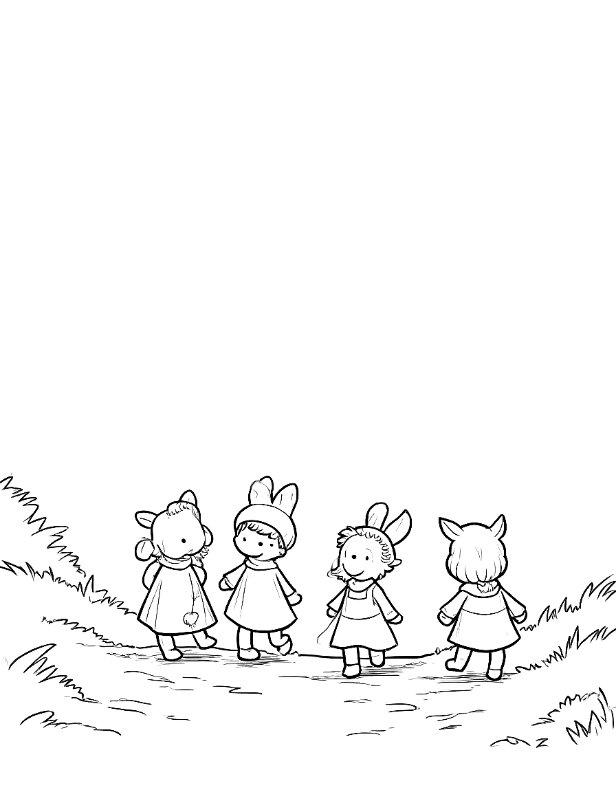 Children's book illustration: All four friends walking together down a mossy forest path, laughing and playing, with Hazel wearing the lavender bow and looking completely happy. Suitable for a coloring book page. coloring page Contour style - free printable