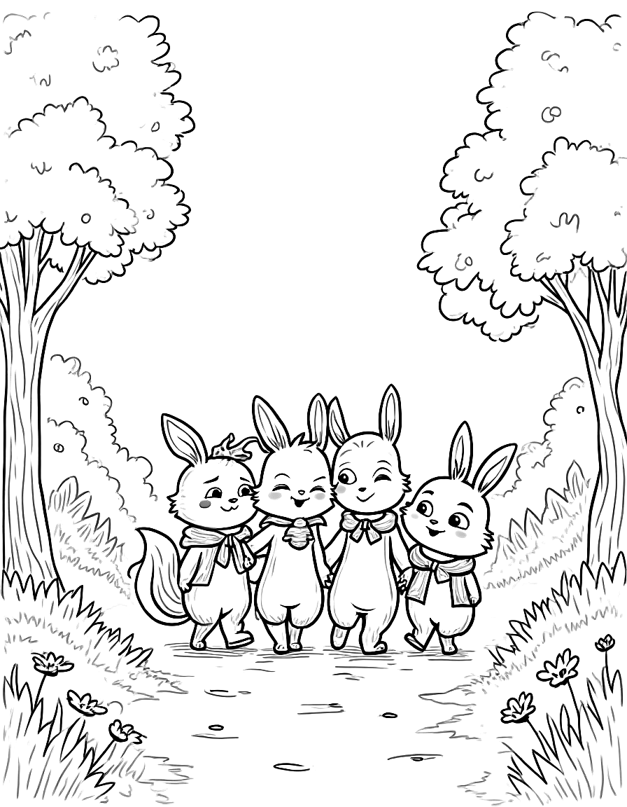 Free children's book illustration: all four friends walking together happily through the sunny forest meadow. luna is wearing her acorn necklace, and clover still has her daisy-chain crown. the forest around them is bright and welcoming, with flowers blooming along the path.. same characters throughout: gentle woodland story in fairport forest. three friends: finn the fox (small red fox, white-tipped tail, brown satchel), clover the rabbit (white rabbit, floppy ears, daisy-chain crown), pepper the skunk (black skunk, white stripe, lavender bow on left ear). clover notices a stranger is sad and finds small ways to help. theme: kindness. soft mossy forest setting.. suitable for a coloring book page. coloring page in contour style — printable line art