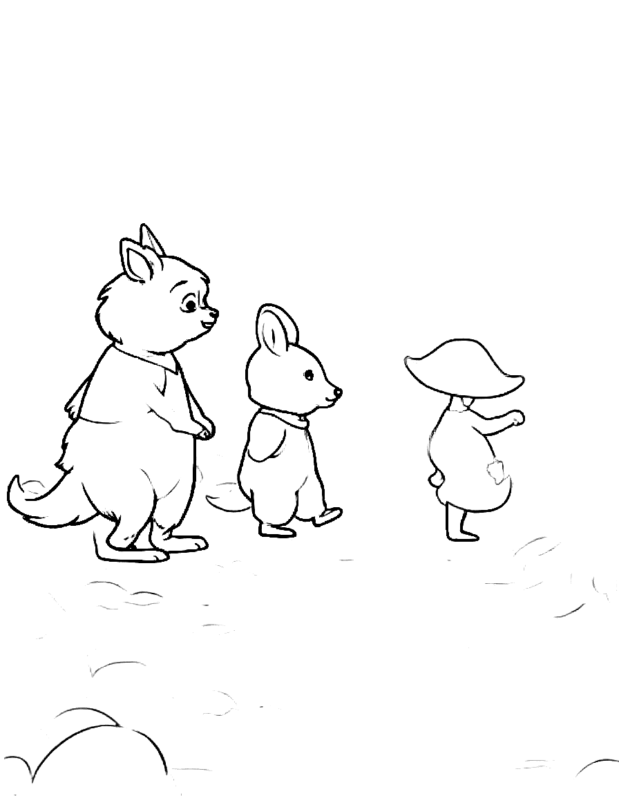 Children's book illustration: Close-up view of the three friends walking along a forest path covered in soft moss. Large ferns and mushrooms grow beside the path. Fallen logs are covered in moss. Pepper's lavender bow is clearly visible on her left ear as she walks between her friends.. Same characters throughout: Gentle woodland story in Fairport Forest. Three friends: Finn the Fox (small red fox, white-tipped tail, brown satchel), Clover the Rabbit (white rabb. Suitable for a coloring book ... coloring page Contour style - free printable