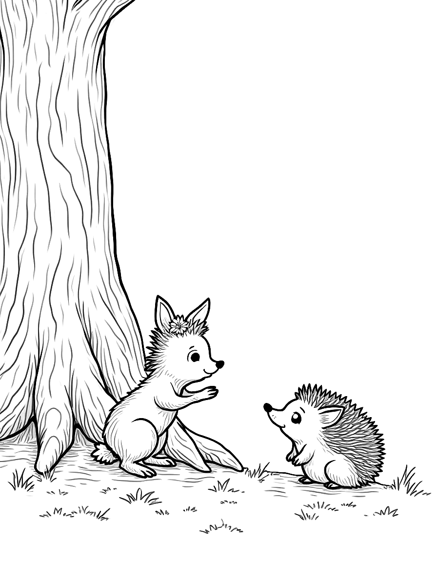 Free children's book illustration: clover approaches the hedgehog with a kind, gentle posture, her daisy crown clearly visible. the hedgehog is looking up at her with sad eyes. finn and pepper remain a respectful distance behind clover. the scene is set among the mossy roots of the oak tree.. same characters throughout: gentle woodland story in fairport forest. three friends: finn the fox (small red fox, white-tipped tail, brown satchel), clover the rabbit (white rabb. suitable for a coloring book... coloring page in contour style — printable line art