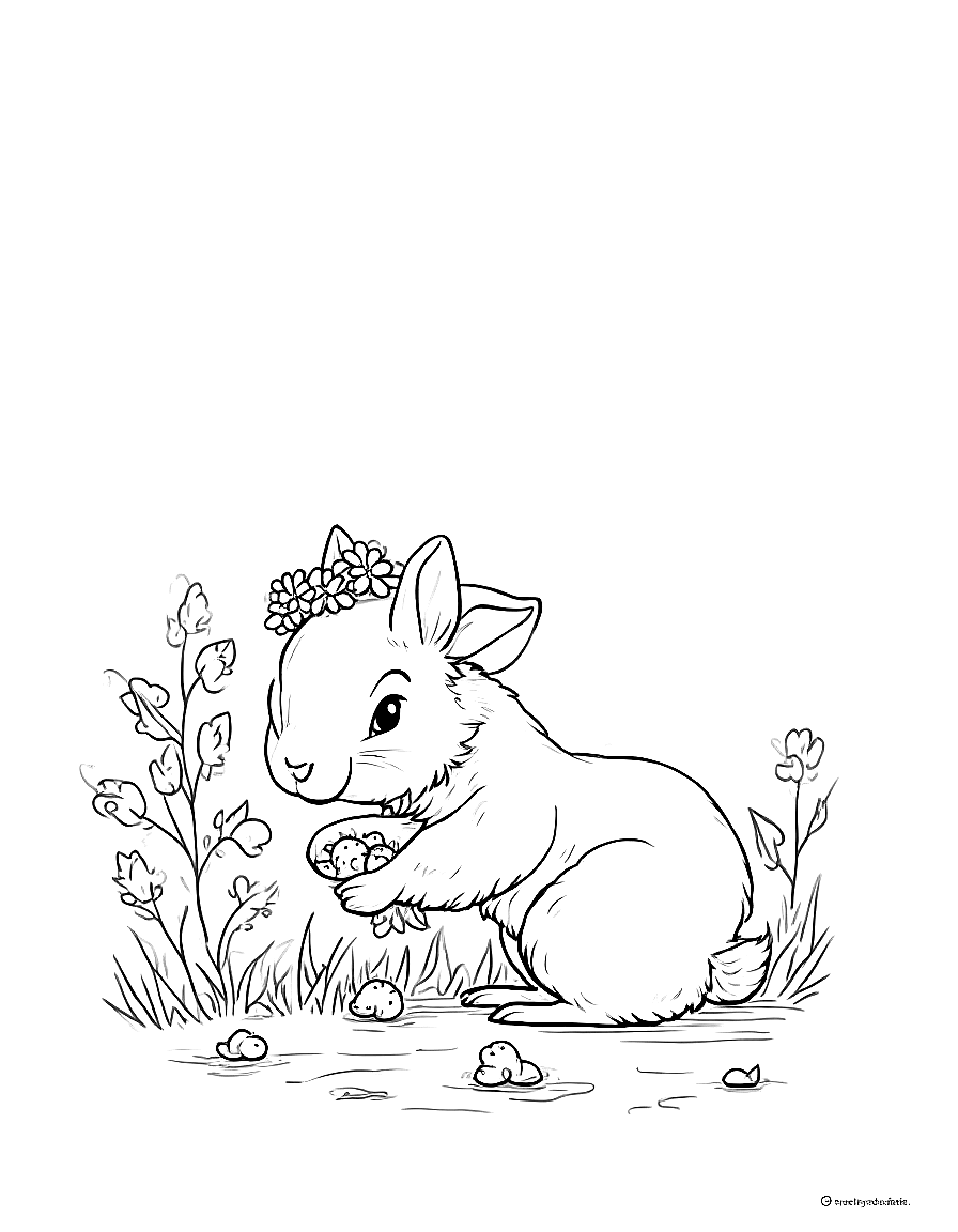 Children's book illustration: Clover carefully picking bright berries from a low bush, holding several in her paws. Her daisy crown sits perfectly on her head between her floppy ears. The forest around her is filled with berry bushes and soft moss-covered ground.. Same characters throughout: Gentle woodland story in Fairport Forest. Three friends: Finn the Fox (small red fox, white-tipped tail, brown satchel), Clover the Rabbit (white rabb. Suitable for a coloring book page. coloring page Contour style - free printable