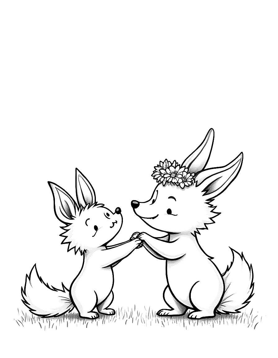 Free children's book illustration: clover extends her paw toward oliver in a welcoming gesture, her daisy crown catching imaginary light. oliver's expression is changing from sad to hopeful, his eyes wide with surprise. finn and pepper are smiling encouragingly in the background, creating a circle of friendship around oliver.. same characters throughout: gentle woodland story in fairport forest. three friends: finn the fox (small red fox, white-tipped tail, brown satchel), clover the rabbit (white... coloring page in contour style — printable line art