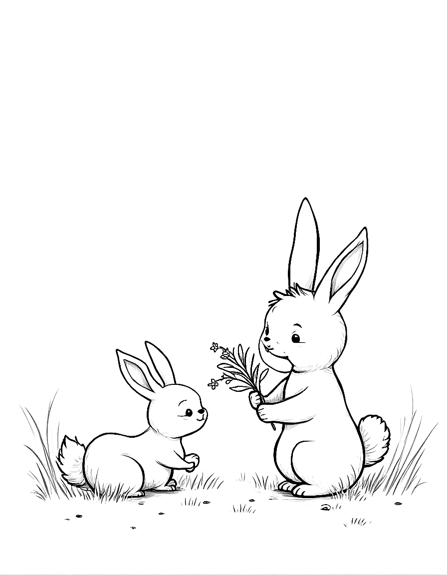Children's book illustration: Clover gathering wildflowers in a sunny forest clearing, holding a small bouquet in her paws. Luna can be seen in the background, still looking sad but watching Clover's kind gesture.. Same characters throughout: Gentle woodland story in Fairport Forest. Three friends: Finn the Fox (small red fox, white-tipped tail, brown satchel), Clover the Rabbit (white rabbit, floppy ears, daisy-chain crown), Pepper the Skunk (black skunk, white stripe, lavender bow on left ear). Clover notices a stranger is sad and finds small ways to help. Theme: kindness. Soft mossy forest setting.. Suitable for a coloring book page. coloring page Contour style - free printable