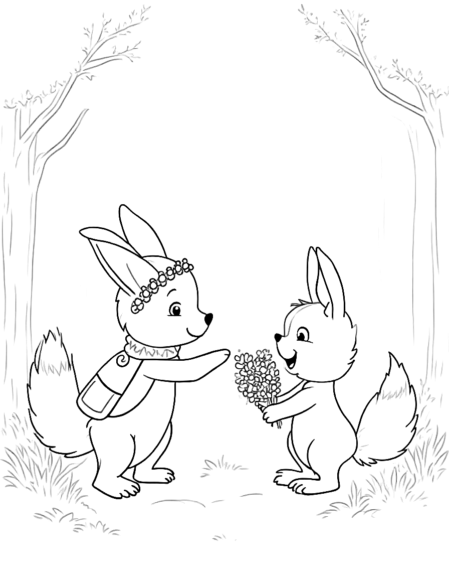 Children's book illustration: Clover offering the bouquet of wildflowers to Luna, who is reaching out to accept them. Both characters are smiling gently, and the forest around them is filled with dappled sunlight.. Same characters throughout: Gentle woodland story in Fairport Forest. Three friends: Finn the Fox (small red fox, white-tipped tail, brown satchel), Clover the Rabbit (white rabbit, floppy ears, daisy-chain crown), Pepper the Skunk (black skunk, white stripe, lavender bow on left ear). Clover notices a stranger is sad and finds small ways to help. Theme: kindness. Soft mossy forest setting.. Suitable for a coloring book page. coloring page Contour style - free printable
