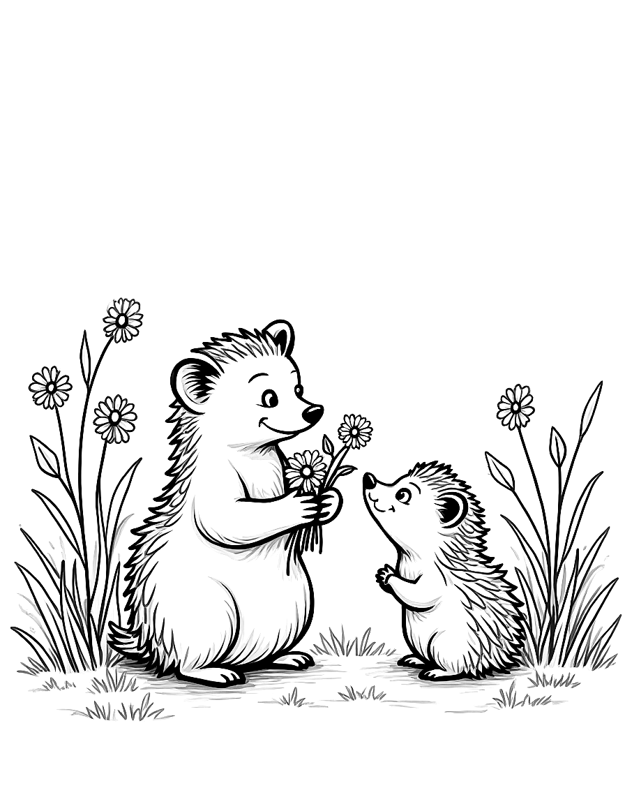 Children's book illustration: Clover presenting the wildflowers to Hazel the hedgehog, who is starting to look up with interest at the kind gesture. Suitable for a coloring book page. coloring page Contour style - free printable