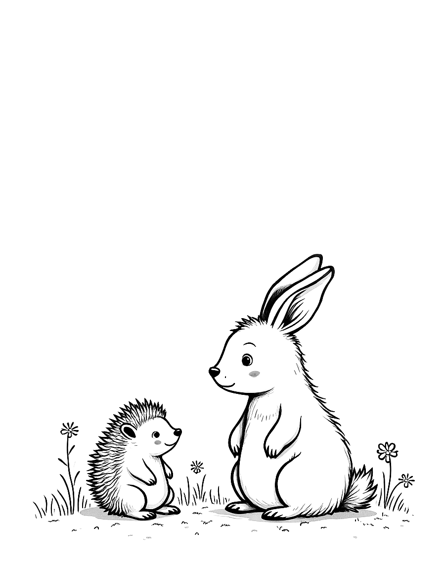 Children's book illustration: Clover sitting beside Hazel the hedgehog under the oak tree. Both characters are facing each other in conversation. Hazel has neat spiky quills and looks small and shy. Clover maintains her friendly posture with her daisy crown visible.. Same characters throughout: Gentle woodland story in Fairport Forest. Three friends: Finn the Fox (small red fox, white-tipped tail, brown satchel), Clover the Rabbit (white rabb. Suitable for a coloring book page. coloring page Contour style - free printable