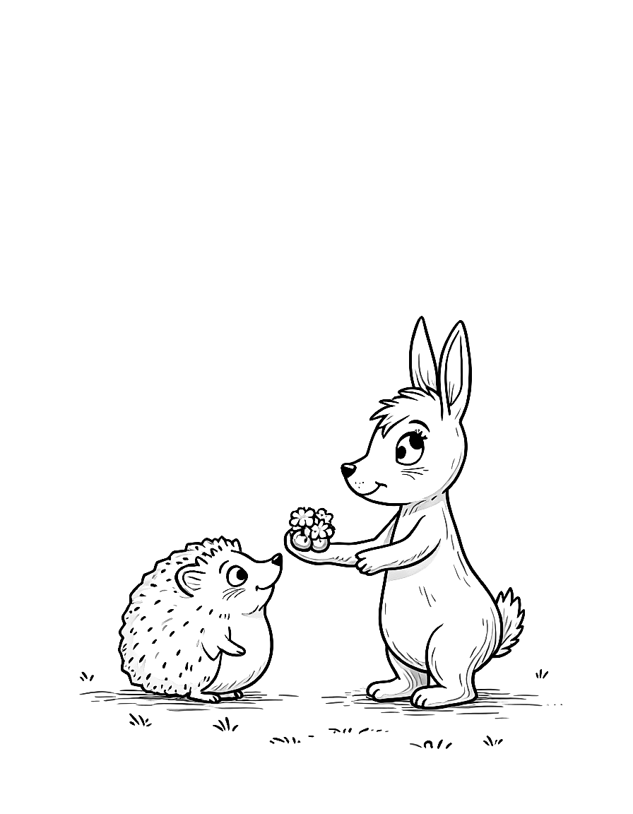 Children's book illustration: Clover standing near the hedgehog under the oak tree, offering berries in her outstretched paw. The hedgehog is looking up at her with wide, hopeful eyes. Clover's kind expression and daisy crown are clearly visible as she extends friendship.. Same characters throughout: Gentle woodland story in Fairport Forest. Three friends: Finn the Fox (small red fox, white-tipped tail, brown satchel), Clover the Rabbit (white rabb. Suitable for a coloring book page. coloring page Contour style - free printable