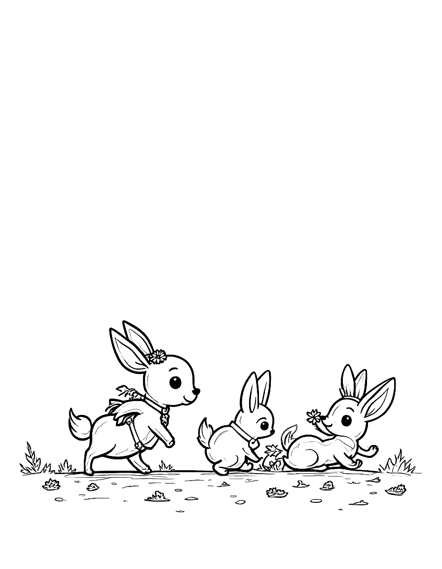 Free children's book illustration: clover the rabbit hopping toward the sad deer, with finn and pepper walking behind her. the deer is still sitting by the oak tree, surrounded by fallen leaves and forest ferns.. same characters throughout: gentle woodland story in fairport forest. three friends: finn the fox (small red fox, white-tipped tail, brown satchel), clover the rabbit (white rabbit, floppy ears, daisy-chain crown), pepper the skunk (black skunk, white stripe, lavender bow on left ear). clover notices a stranger is sad and finds small ways to help. theme: kindness. soft mossy forest setting.. suitable for a coloring book page. coloring page in contour style — printable line art