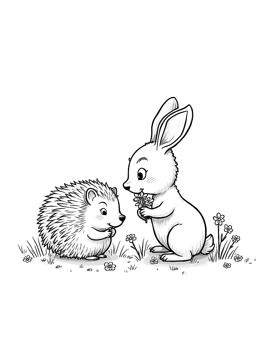 Free children's book illustration: clover the rabbit picking wildflowers and placing them beside the hedgehog, with colorful forest flowers scattered around them. suitable for a coloring book page. coloring page in contour style — printable line art