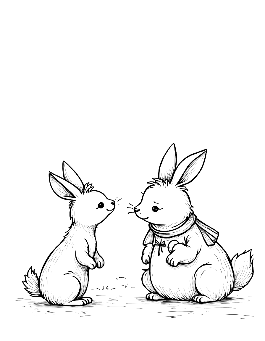 Children's book illustration: Clover the rabbit standing close to Luna the deer, who is still sitting by the oak tree. Clover's expression is kind and caring. Finn and Pepper stand nearby, showing concern.. Same characters throughout: Gentle woodland story in Fairport Forest. Three friends: Finn the Fox (small red fox, white-tipped tail, brown satchel), Clover the Rabbit (white rabbit, floppy ears, daisy-chain crown), Pepper the Skunk (black skunk, white stripe, lavender bow on left ear). Clover notices a stranger is sad and finds small ways to help. Theme: kindness. Soft mossy forest setting.. Suitable for a coloring book page. coloring page Contour style - free printable