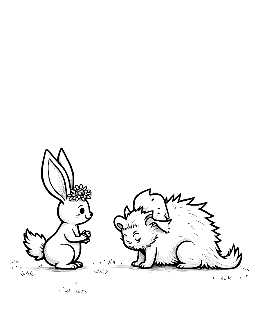 Children's book illustration: Clover the rabbit with her daisy crown approaching the sad hedgehog while Finn the fox and Pepper the skunk stand behind her supportively. Suitable for a coloring book page. coloring page Contour style - free printable