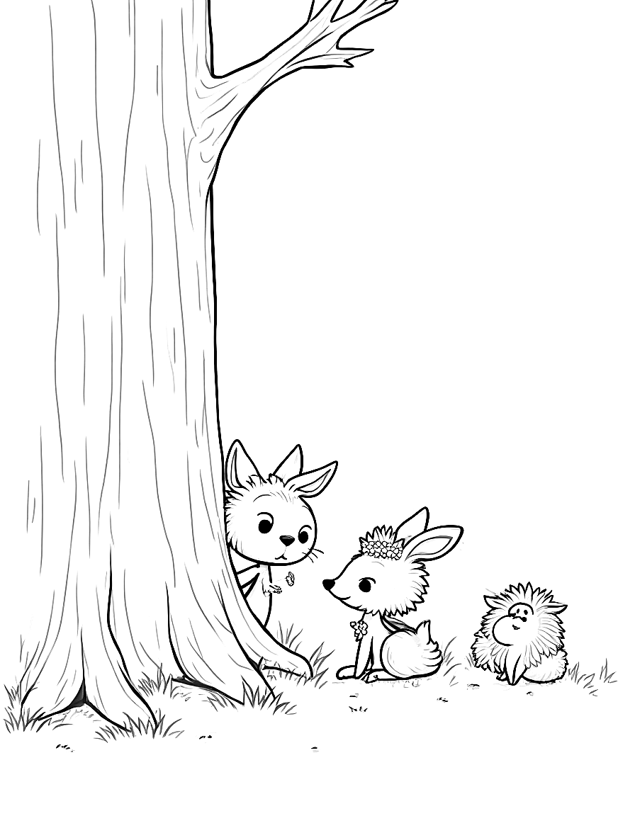 Children's book illustration: Finn and Clover peeking out from behind a large tree trunk, whispering to each other. Finn has his brown satchel and is leaning close to Clover, who still wears her daisy crown. In the background, the sad hedgehog can be seen sitting under the oak tree.. Same characters throughout: Gentle woodland story in Fairport Forest. Three friends: Finn the Fox (small red fox, white-tipped tail, brown satchel), Clover the Rabbit (white rabb. Suitable for a coloring book page. coloring page Contour style - free printable