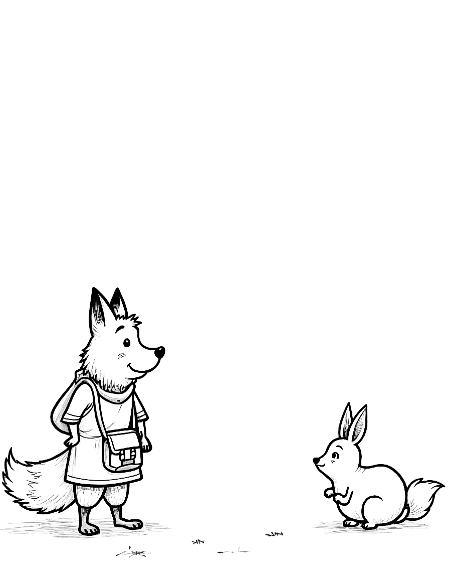Children's book illustration: Finn steps forward with a friendly smile, one paw touching his brown satchel. His fox tail with the white tip is visible and his posture is welcoming. Oliver is beginning to uncurl from his defensive position, showing interest in Finn's kind offer.. Same characters throughout: Gentle woodland story in Fairport Forest. Three friends: Finn the Fox (small red fox, white-tipped tail, brown satchel), Clover the Rabbit (white rabb. Suitable for a coloring book page. coloring page Contour style - free printable