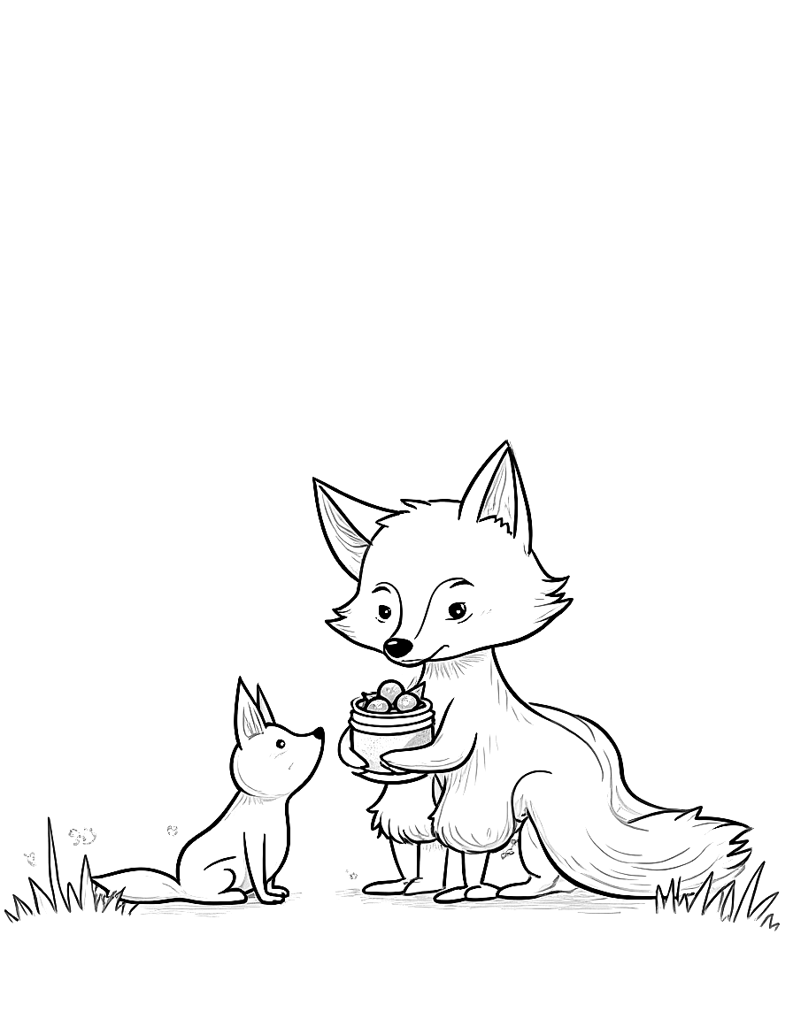 Children's book illustration: Finn the fox opening his brown satchel and offering acorns to Hazel, with Clover and Pepper watching the generous act. Suitable for a coloring book page. coloring page Contour style - free printable