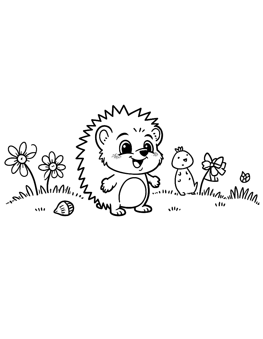 Children's book illustration: Hazel the hedgehog looking happy and excited, surrounded by all three friends, with the flowers, acorns, and bow visible nearby. Suitable for a coloring book page. coloring page Contour style - free printable