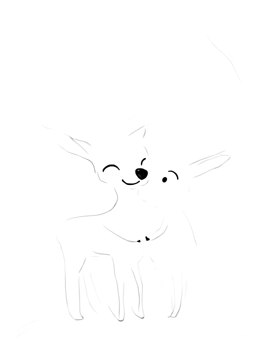 Free children's book illustration: luna the deer holding the bouquet and smiling warmly at clover. the two are standing close together, and luna's sad expression has changed to one of gratitude and hope.. same characters throughout: gentle woodland story in fairport forest. three friends: finn the fox (small red fox, white-tipped tail, brown satchel), clover the rabbit (white rabbit, floppy ears, daisy-chain crown), pepper the skunk (black skunk, white stripe, lavender bow on left ear). clover notices a stranger is sad and finds small ways to help. theme: kindness. soft mossy forest setting.. suitable for a coloring book page. coloring page in contour style — printable line art