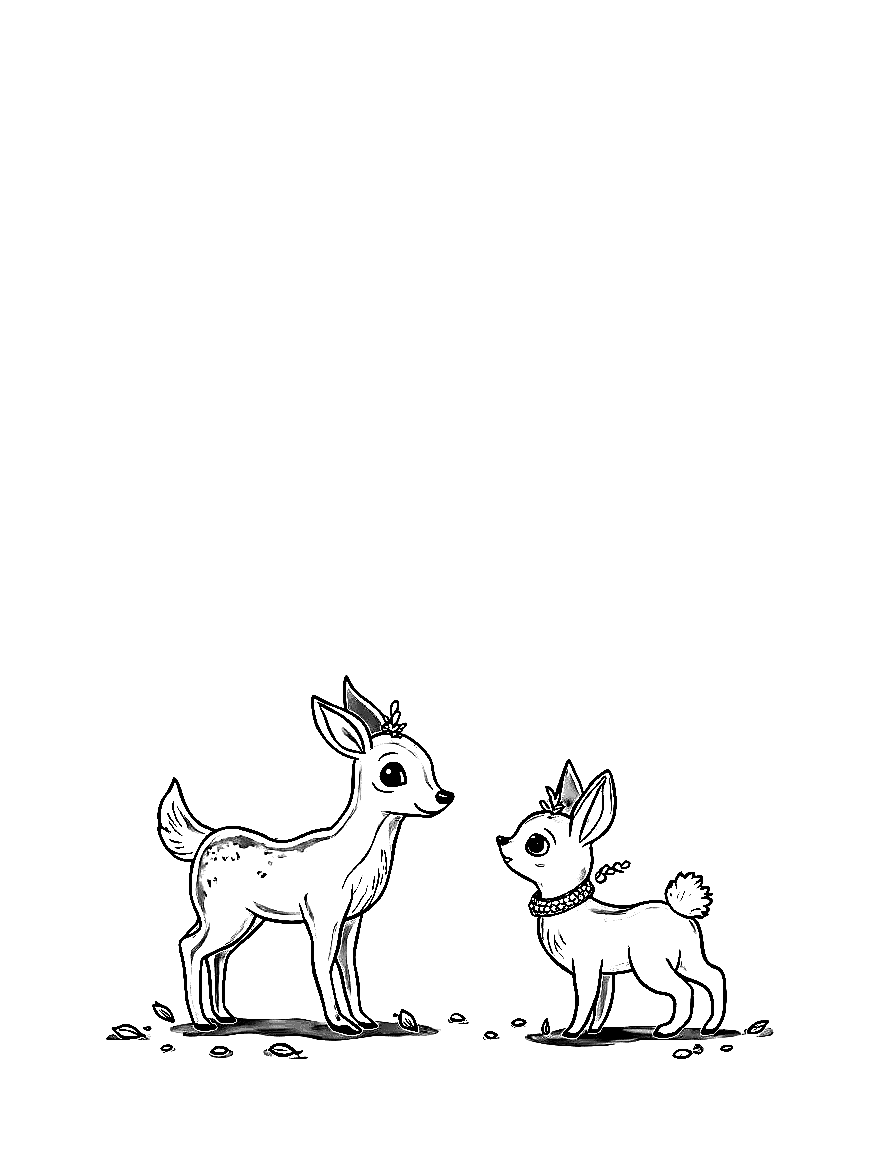 Children's book illustration: Luna the deer looking up at Clover while speaking, with one hoof touching her bare neck where the necklace should be. The forest setting shows scattered leaves and acorns on the ground.. Same characters throughout: Gentle woodland story in Fairport Forest. Three friends: Finn the Fox (small red fox, white-tipped tail, brown satchel), Clover the Rabbit (white rabbit, floppy ears, daisy-chain crown), Pepper the Skunk (black skunk, white stripe, lavender bow on left ear). Clover notices a stranger is sad and finds small ways to help. Theme: kindness. Soft mossy forest setting.. Suitable for a coloring book page. coloring page Contour style - free printable