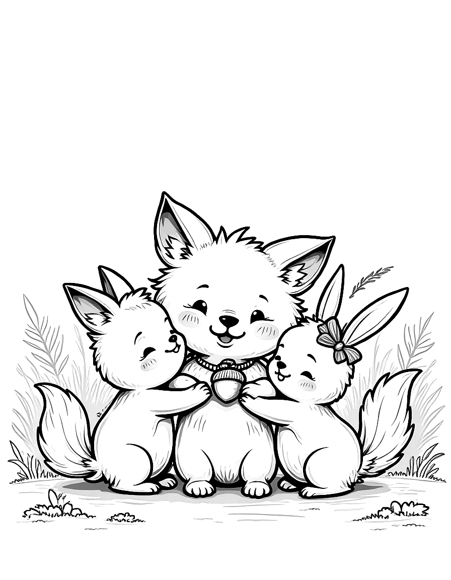 Free children's book illustration: luna wearing her acorn necklace and giving a group hug to all three friends. all four animals are smiling joyfully, surrounded by the peaceful forest setting with moss and ferns.. same characters throughout: gentle woodland story in fairport forest. three friends: finn the fox (small red fox, white-tipped tail, brown satchel), clover the rabbit (white rabbit, floppy ears, daisy-chain crown), pepper the skunk (black skunk, white stripe, lavender bow on left ear). clover notices a stranger is sad and finds small ways to help. theme: kindness. soft mossy forest setting.. suitable for a coloring book page. coloring page in contour style — printable line art