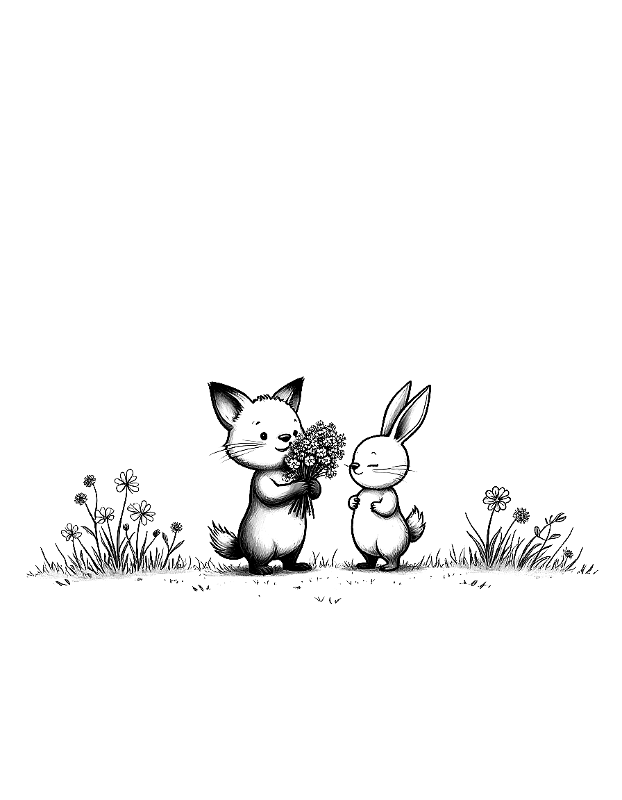 Free children's book illustration: oliver stands in the center holding the bouquet of wildflowers close to his chest with both paws, looking content and happy. clover stands beside him with a wise, gentle expression. the meadow surrounds them with detailed flowers and grass, and warm sunlight seems to illuminate the scene.. same characters throughout: gentle woodland story in fairport forest. three friends: finn the fox (small red fox, white-tipped tail, brown satchel), clover the rabbit (white ra... coloring page in contour style — printable line art