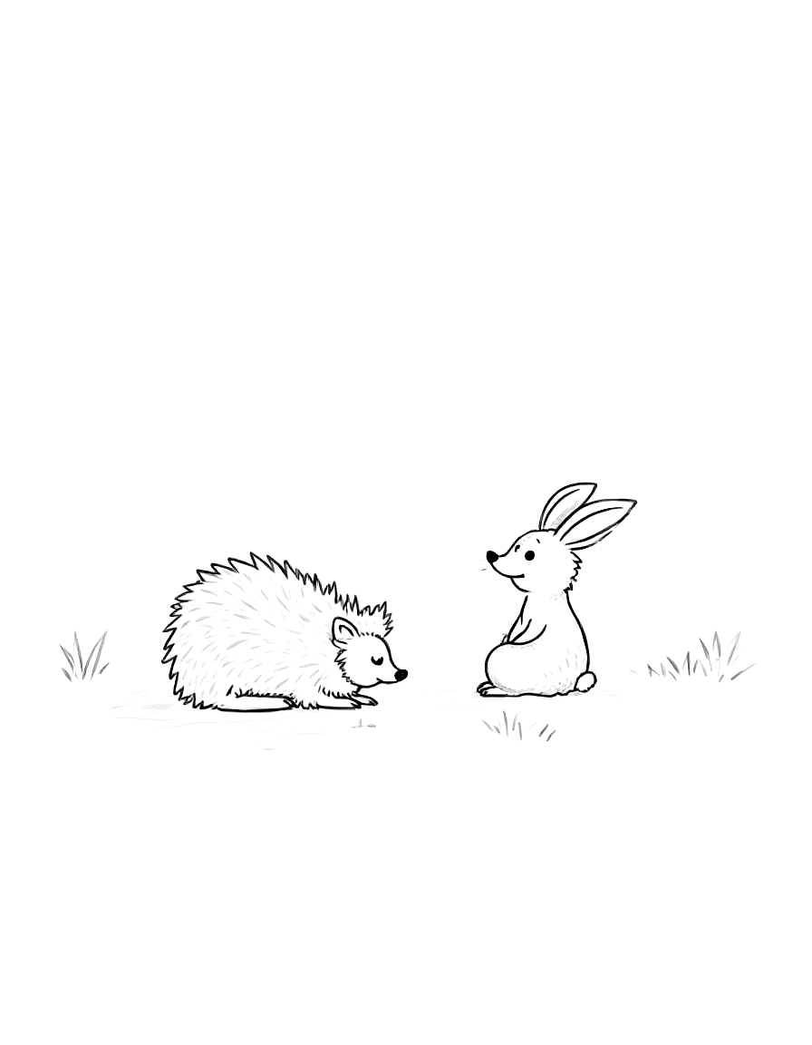 Children's book illustration: Oliver the hedgehog sits with his spiky body still curled up, looking small and vulnerable. His mouth is open as he speaks. Clover is sitting nearby, showing she's listening attentively. The forest around them has gentle, welcoming details like small wildflowers and soft moss patches.. Same characters throughout: Gentle woodland story in Fairport Forest. Three friends: Finn the Fox (small red fox, white-tipped tail, brown satchel), Clover the Rabbit (white rabb. ... coloring page Contour style - free printable