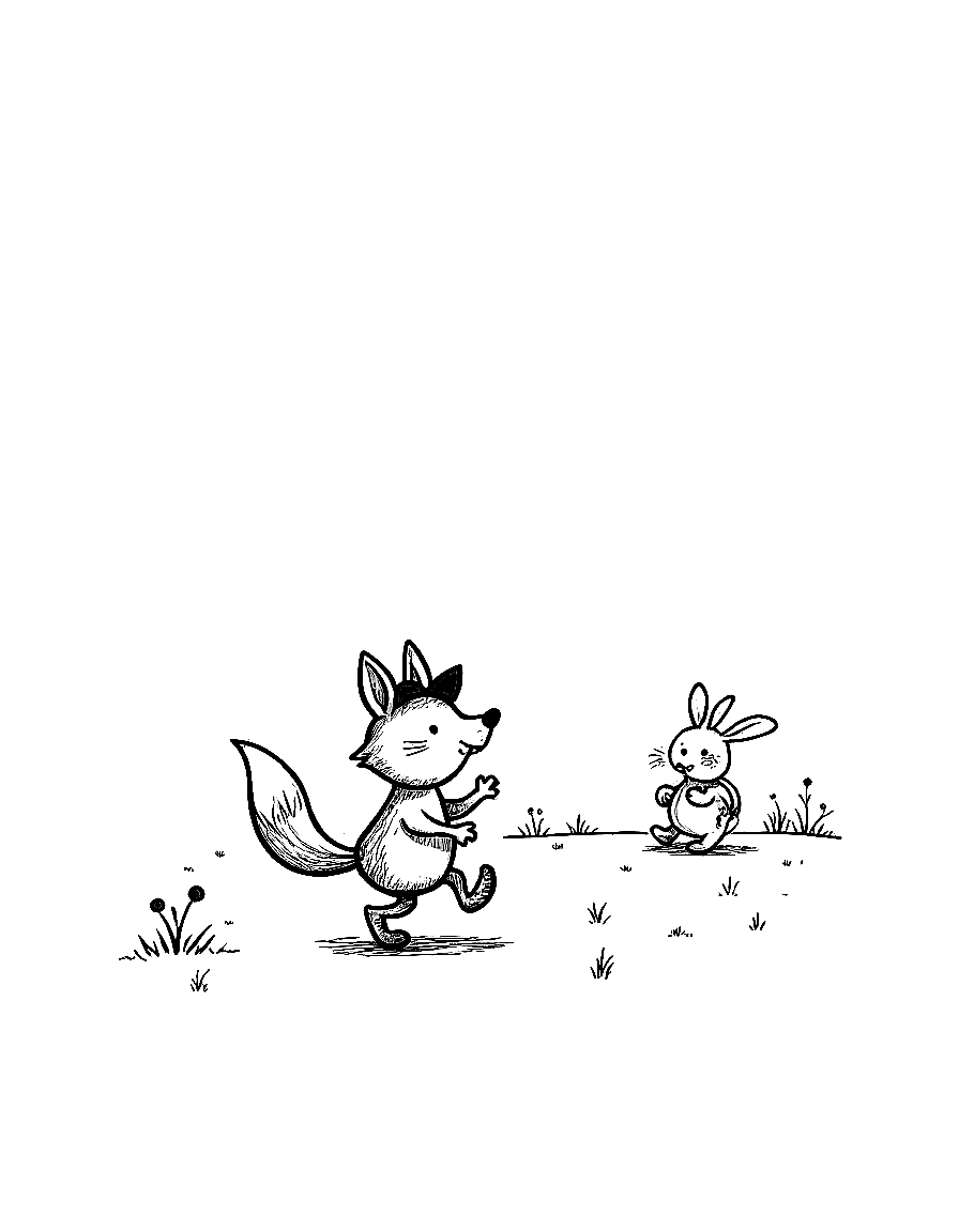 Children's book illustration: Pepper is in mid-twirl with her white stripe clearly visible and her lavender bow bouncing on her left ear. Her movement is joyful and energetic. Oliver is now sitting up straighter and a small smile is beginning to appear on his face. Berry bushes can be seen in the background.. Same characters throughout: Gentle woodland story in Fairport Forest. Three friends: Finn the Fox (small red fox, white-tipped tail, brown satchel), Clover the Rabbit (white rabb. Suitab... coloring page Contour style - free printable