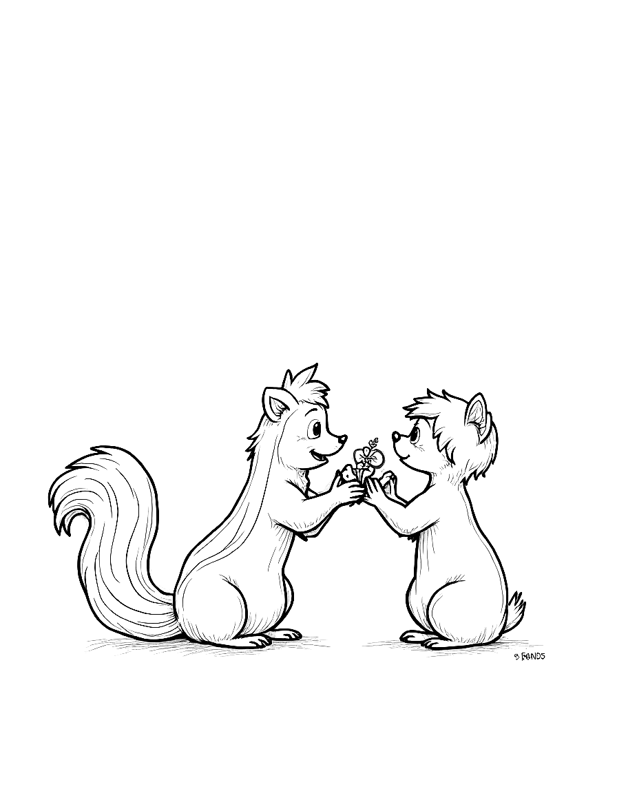 Free children's book illustration: pepper the skunk placing her lavender bow near hazel's ear while hazel looks surprised and touched by the generous gift. suitable for a coloring book page. coloring page in contour style — printable line art