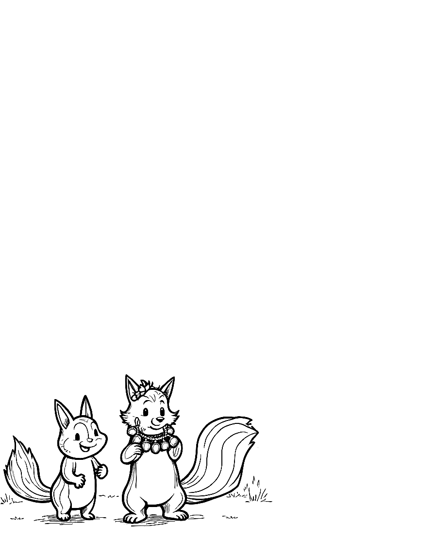 Free children's book illustration: pepper the skunk standing triumphantly by a hollow log, holding up an acorn necklace. the necklace has several acorns strung together. finn, clover, and luna are rushing toward her with joy.. same characters throughout: gentle woodland story in fairport forest. three friends: finn the fox (small red fox, white-tipped tail, brown satchel), clover the rabbit (white rabbit, floppy ears, daisy-chain crown), pepper the skunk (black skunk, white stripe, lavender bow on left ear). clover notices a stranger is sad and finds small ways to help. theme: kindness. soft mossy forest setting.. suitable for a coloring book page. coloring page in contour style — printable line art