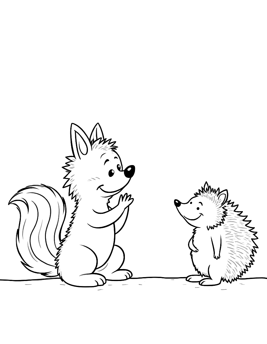 Children's book illustration: Pepper the skunk talking enthusiastically to Hazel, with her lavender bow clearly visible. Hazel the hedgehog is starting to smile, his spiky quills less hunched than before. Finn and Clover watch encouragingly in the background among the forest trees.. Same characters throughout: Gentle woodland story in Fairport Forest. Three friends: Finn the Fox (small red fox, white-tipped tail, brown satchel), Clover the Rabbit (white rabb. Suitable for a coloring book page. coloring page Contour style - free printable