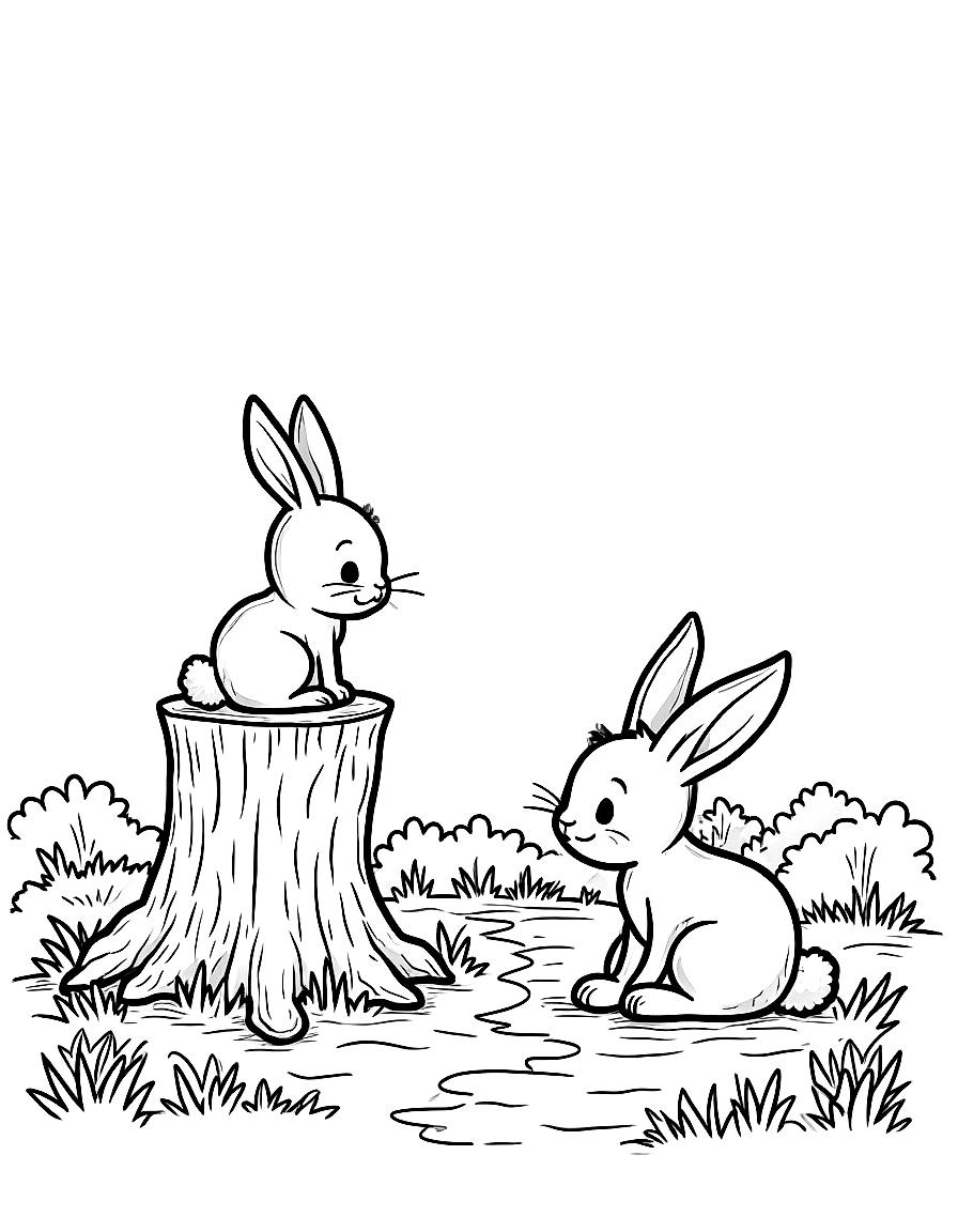 Free children's book illustration: pip the rabbit sitting sadly on a tree stump with his head down, while princess luna sits cross-legged nearby listening. around them are beautiful but empty garden paths and flower beds.. suitable for a coloring book page. coloring page in contour style — printable line art
