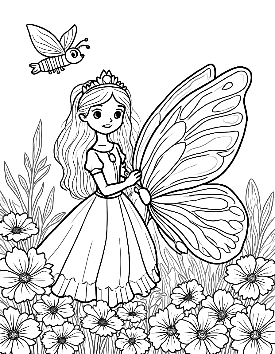 Free children's book illustration: princess luna and pip surrounded by blooming flowers, with a large butterfly with detailed wing patterns and a friendly bee hovering nearby. the garden is full of various flowering plants and bushes.. suitable for a coloring book page. coloring page in contour style — printable line art