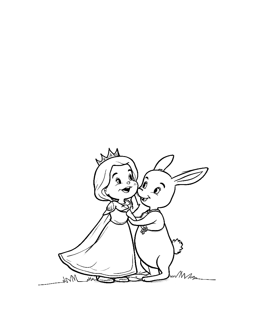 Children's book illustration: Princess Luna and Pip the rabbit standing together, with Luna's hand gently touching Pip's shoulder. Both characters are smiling, and Luna is pointing toward different areas of the garden with enthusiasm.. Suitable for a coloring book page. coloring page Contour style - free printable